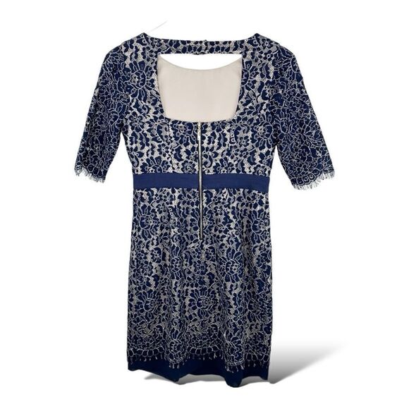 Eliza J | Navy Blue Fitted Lace-Overlay Dress Crystal Embellishment Open-Back 2P - Picture 2 of 14